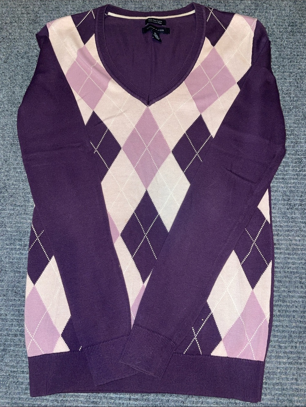 Tommy Hilfiger Purple Argyle V-Neck Sweater w Pink & Cream Diamonds. Cotton XS - Picture 1 of 7